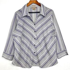 Y2K Notations XL Purple Striped Top Buttoned Asymmetrical‎ Stretch Work 3/4 90s